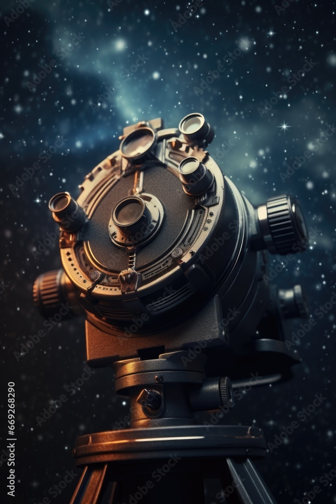 Poster a telescope on a tripod surrounded by a snowy landscape. ideal for astronomy enthusiasts or winter-t