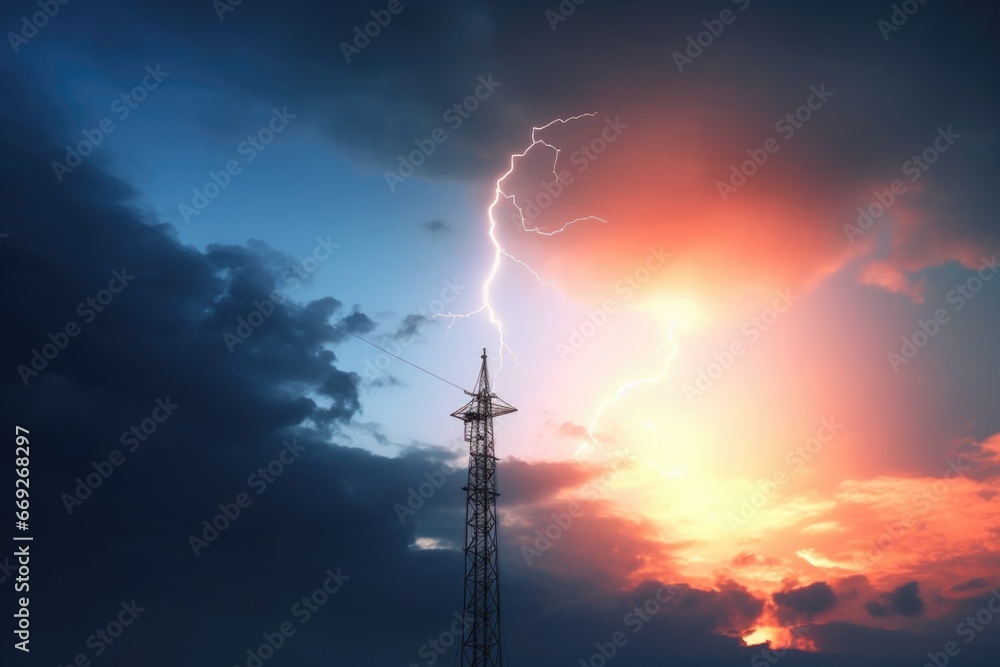 Poster a striking image of a tall tower with a dramatic lightning bolt in the sky. perfect for illustrating