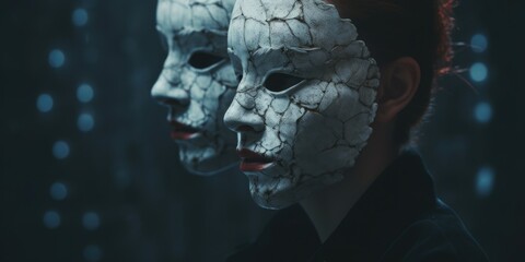 Two individuals pictured wearing white masks. Suitable for various creative and conceptual uses.
