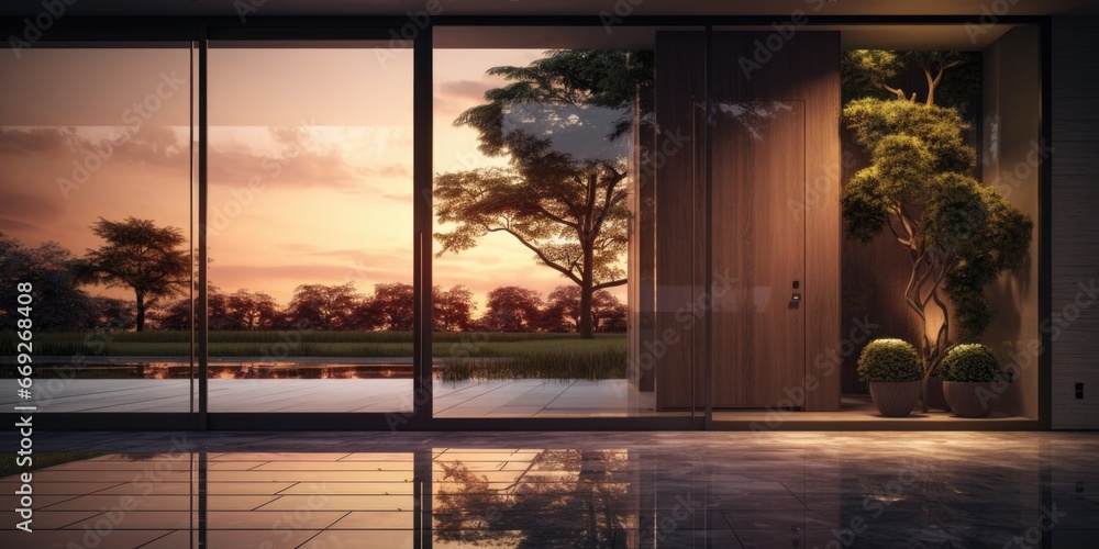 Poster a room with a glass door that provides a view of a beautiful tree outside. perfect for showcasing th