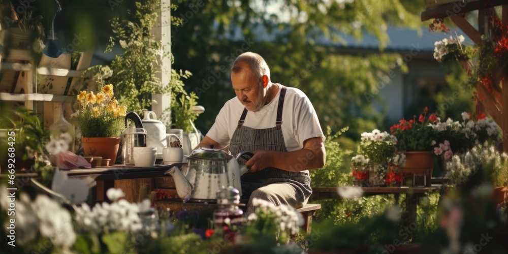 Poster a man is sitting at a table with a blender in his hand. this versatile image can be used to depict v