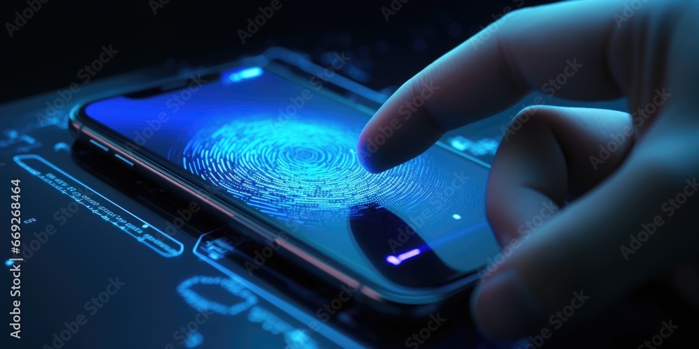 Poster a close-up image of a finger pressing a fingerprint on a cell phone. this picture can be used to ill