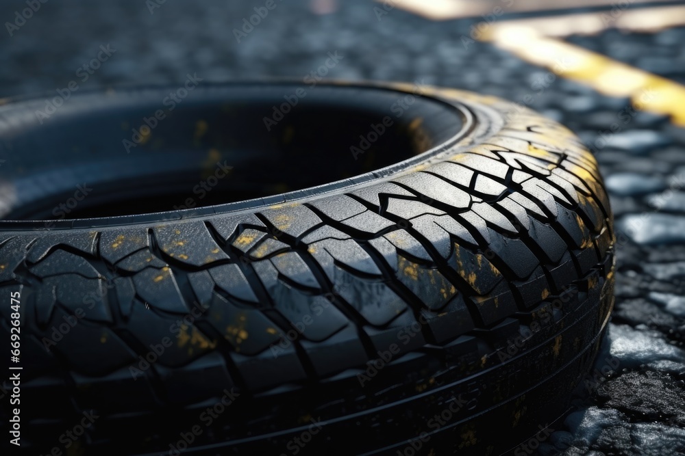 Poster a detailed close-up of a tire lying on the ground. this image can be used to depict transportation, 