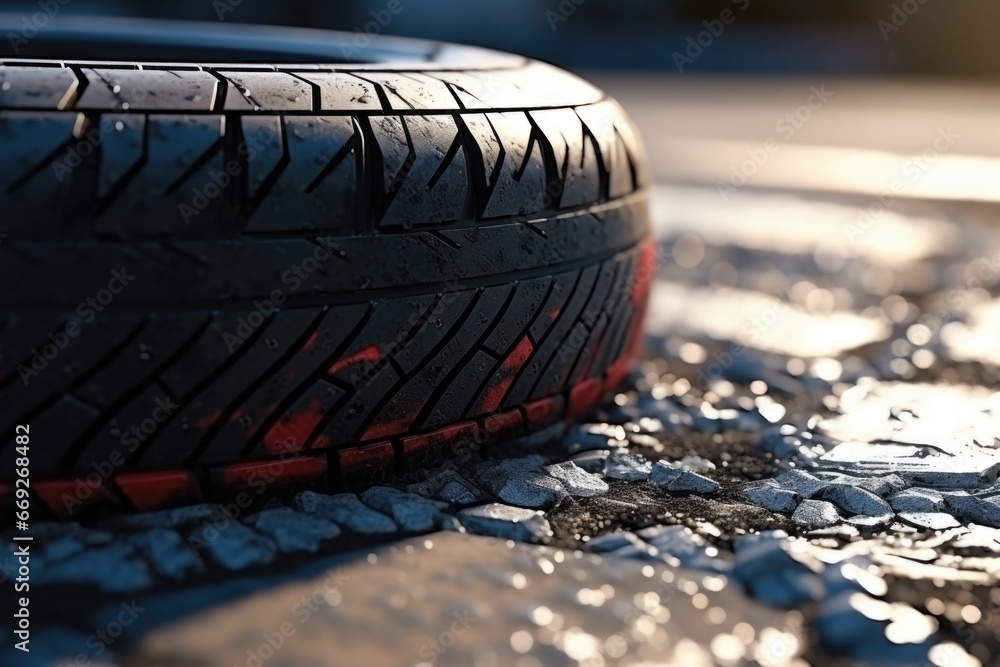 Poster A detailed close-up shot of a tire resting on the ground. This versatile image can be used in various contexts