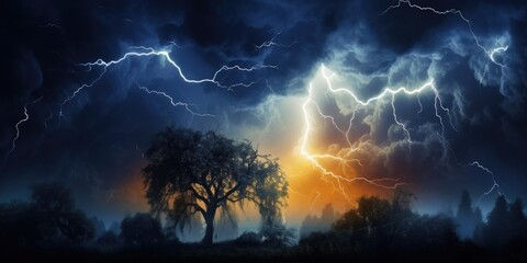 A powerful lightning storm illuminates the sky, with a striking tree in the foreground. Perfect for adding dramatic impact to any project - obrazy, fototapety, plakaty
