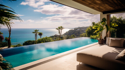 modern swimming pool at sunset