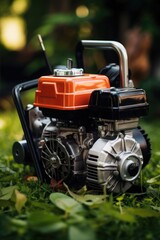 A small engine is placed on a beautiful, vibrant green field. This image can be used to represent agriculture, machinery, or outdoor activities