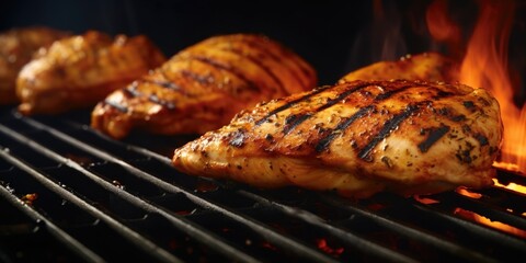 A close-up photograph of chicken grilling on a barbecue. Perfect for food and cooking related projects