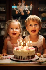 Two little girls sit in front of a cake with lit candles, ready to celebrate a birthday. This image can be used to capture the joy and excitement of a birthday party