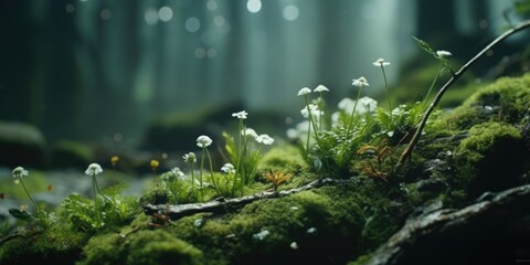 A picture of a moss covered rock with small white flowers. This image can be used to depict nature, tranquility, or a peaceful outdoor setting