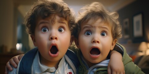 Two young boys are making funny faces with their mouths. This image can be used to depict playful behavior or to illustrate children's expressions