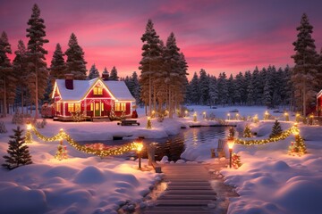 Fototapeta premium Dreamy Winter Cottage with Lights - Serene and Colorful Atmosphere