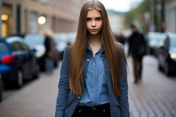 Fototapeta premium Stylish Young Woman with Exaggerated Features in Urban Setting