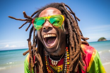 Joyful Dreadlock Man in Vibrant, High-Energy Beach Setting