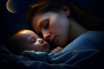 Mother and Infant Sleeping, Digital Art Portrait in Sky-Blue and Amber