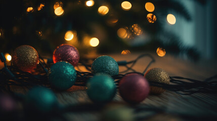 Fototapeta na wymiar Close up of balls on christmas tree. Bokeh garlands in the background. New Year concept.