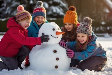 Children make a snowman. Children's games in winter during the Christmas holidays.