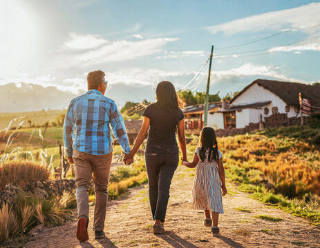 Small family enjoying a walk in the countryside during a clear morning; rural dwellings and wide pastures can be seen all around. 