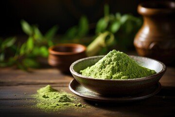 Matcha green tea powder on wood table  - obrazy, fototapety, plakaty