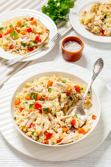 Chicken Fried Rice with vegetables in white bowl