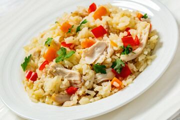Fototapeta na wymiar Chicken Fried Rice with vegetables in white bowl