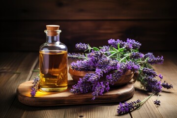 a bottle of lavender essential oil next to fresh lavender flowers 
