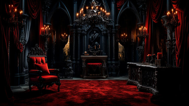 dark room interior with red armchairs