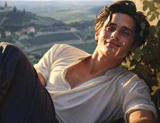 A young handsome man is resting in a vineyard after harvesting, leaning back in his chair and smiling.