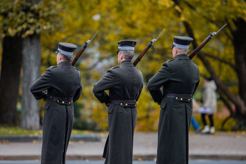 Latvian national guard marching and switching guards
