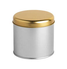 Metal box. Metal round tin with cover. Silver metal box with gold color cover. Isolated on white...