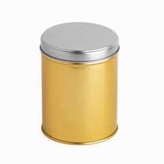 Metal box. Metal round tin with cover. Gold metal box with silver color cover. Isolated on white background.