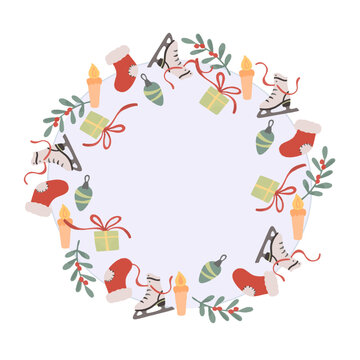 Festive Christmas wreath with gifts, skates, toys and fir branches. Ideal for postcard, banner, background.