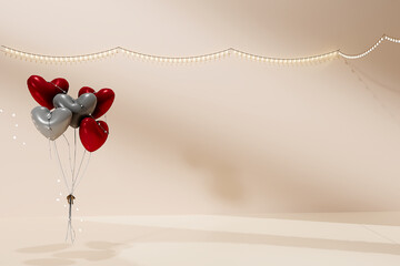Heart Balloon. Set of red foil balloons on beige background. 3D render - obrazy, fototapety, plakaty