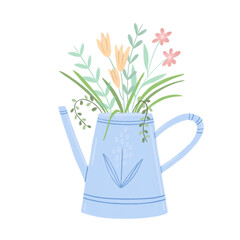 Иллюстрация беCute Metal vintage watering can. Gardening equipment. Sunflower and garden care, botanical, leaf in outline flat vector style. For stickers, gliders, textile design.з названия