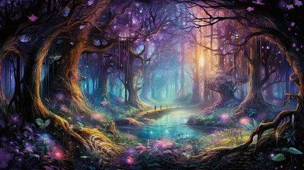 illustration of a fairy forest in purple color - obrazy, fototapety, plakaty