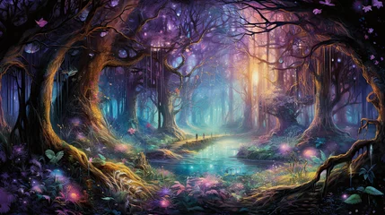 Crédence de cuisine en verre imprimé Forêt des fées illustration of a fairy forest in purple color