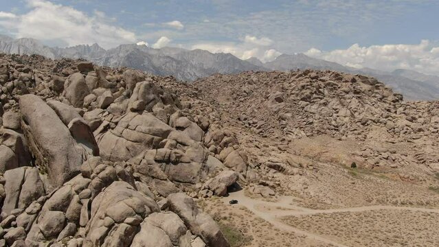 Mt Whitney from Alabama Hills Aerial Shot Truck in Rocky Canyon Eastern Sierra California USA