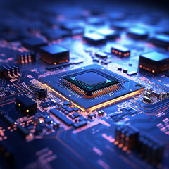 Obraz premium Up close image of computer micro electronics and computer chips on a lit up electronics board