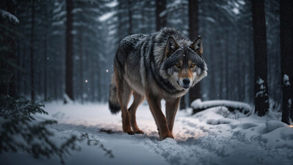 Timberwolf in una foresta di notte in inverno durante una nevicata - obrazy, fototapety, plakaty