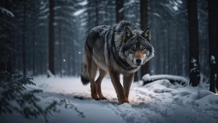  Timberwolf in una foresta di notte in inverno durante una nevicata © Wabisabi
