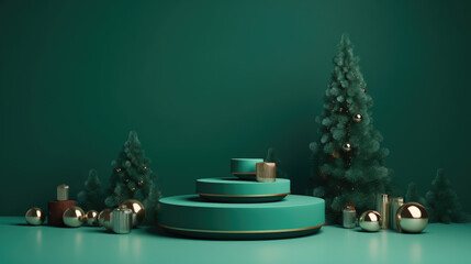 Festive Christmas scene podium for products showcase, promotional sale, minimalist green background.