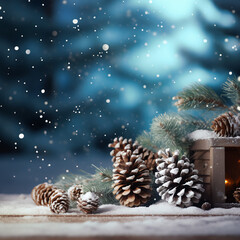 A winter scene with pinecones, red berries and falling snow, in the background a snowy forest can be seen