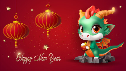 Fototapeta na wymiar Happy new year greeting card with a tiny green dragon and Chinese fanlights