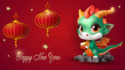 Happy new year greeting card with a tiny green dragon and Chinese fanlights