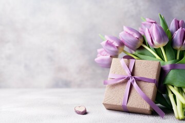 Obraz na płótnie Canvas gift box with tulips and eggs
