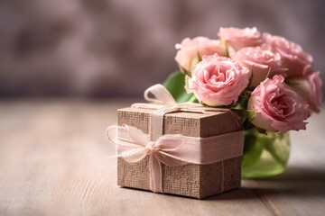 Gift box with pink roses on rustic wooden table with copy space