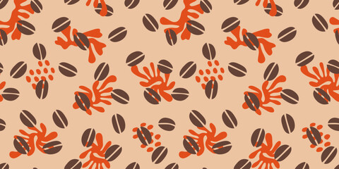 Pattern with coffee theme in geometric minimalistic style. Print with abstract shapes. Illustration for cover design, food package, menu, background, café wall, coffee shop, banners.