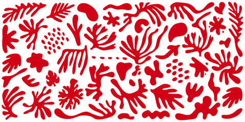 Abstract organic shapes drawn by hand. Colorful background with doodles of nature shapes. Set of red drawn objects in vector