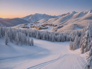 Snowy Mountain Splendor: Discover Ultimate Luxury in a Sun-Kissed Ski Resort Wonderland! - obrazy, fototapety, plakaty