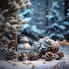 A winter scene with pinecones, red berries and falling snow, in the background a snowy forest can be seen